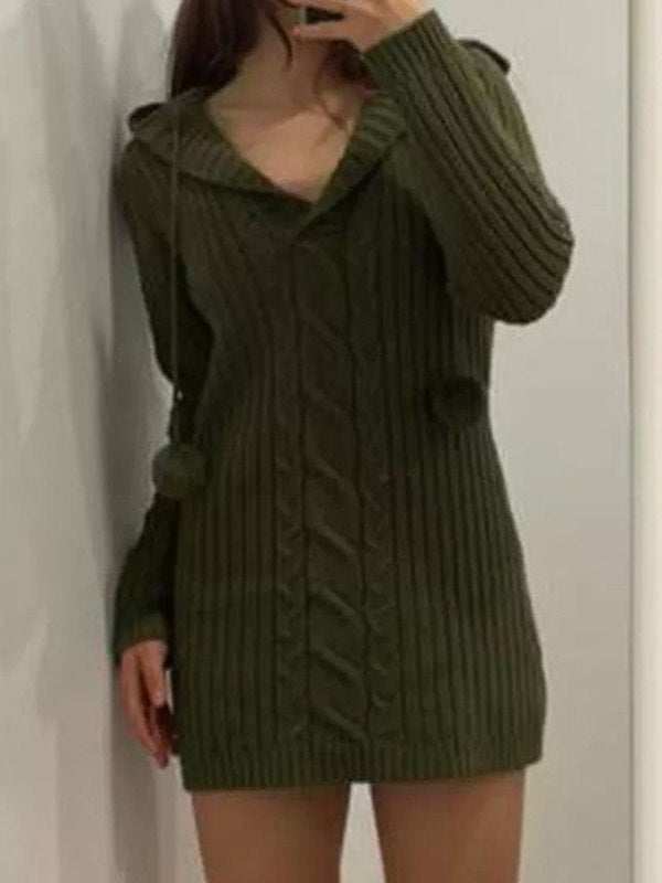 Green Hooded Long Sleeve Knitted Mini Dresses