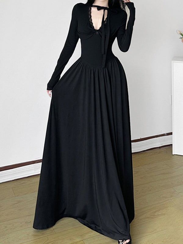 V-Neck Twist Pleated Cutout Maxi Dresses