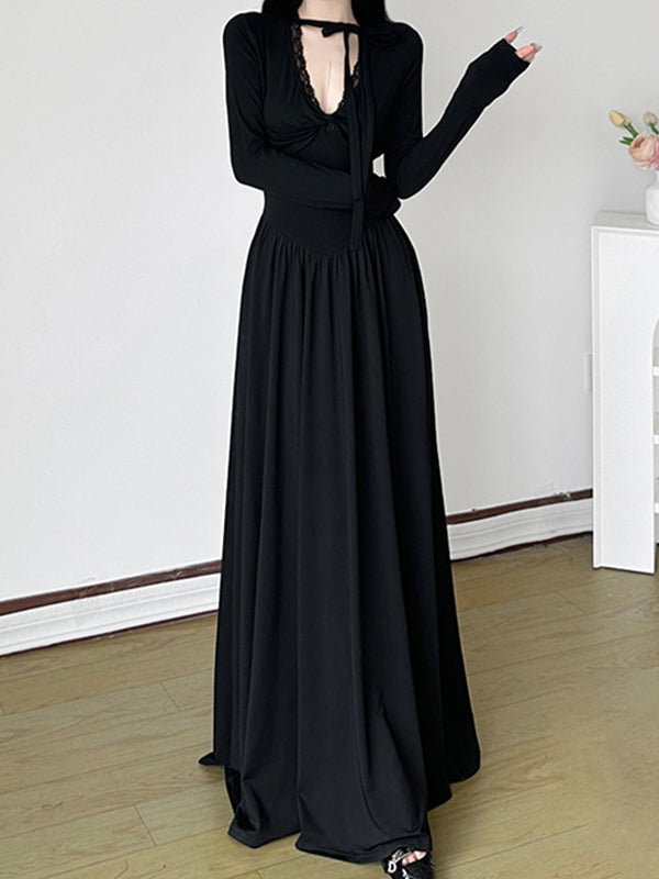 V-Neck Twist Pleated Cutout Maxi Dresses