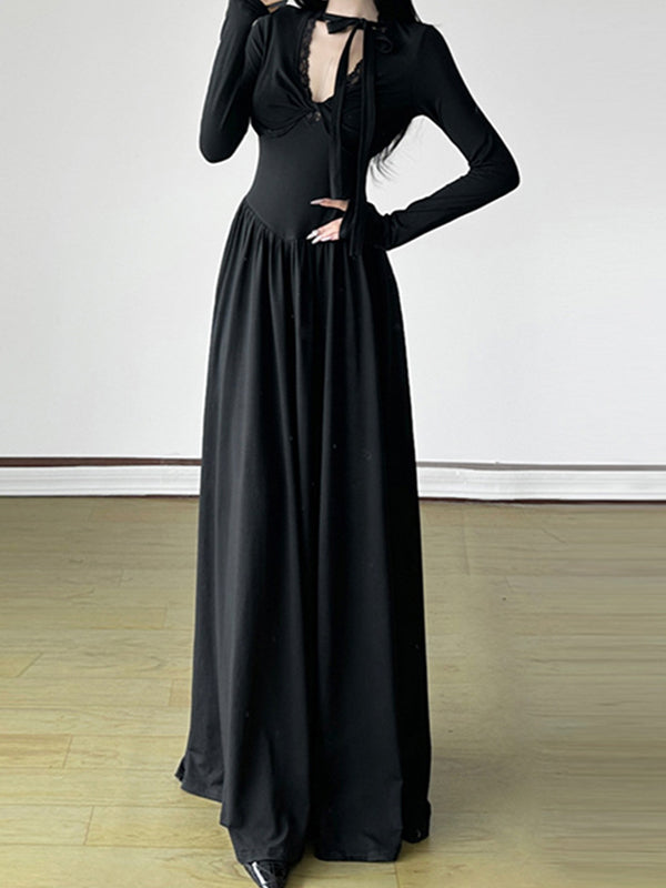 V-Neck Twist Pleated Cutout Maxi Dresses