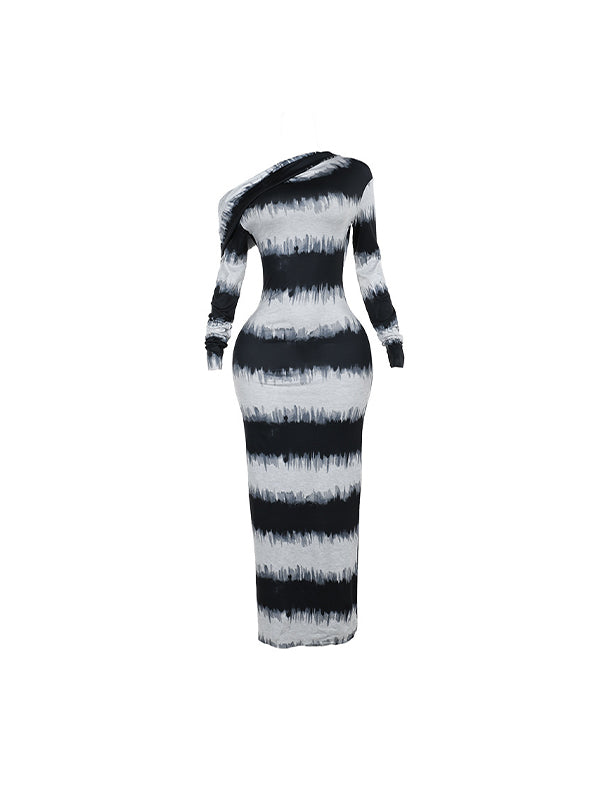 Sfumato Black White Stripes Asymmetrical Maxi Dresses