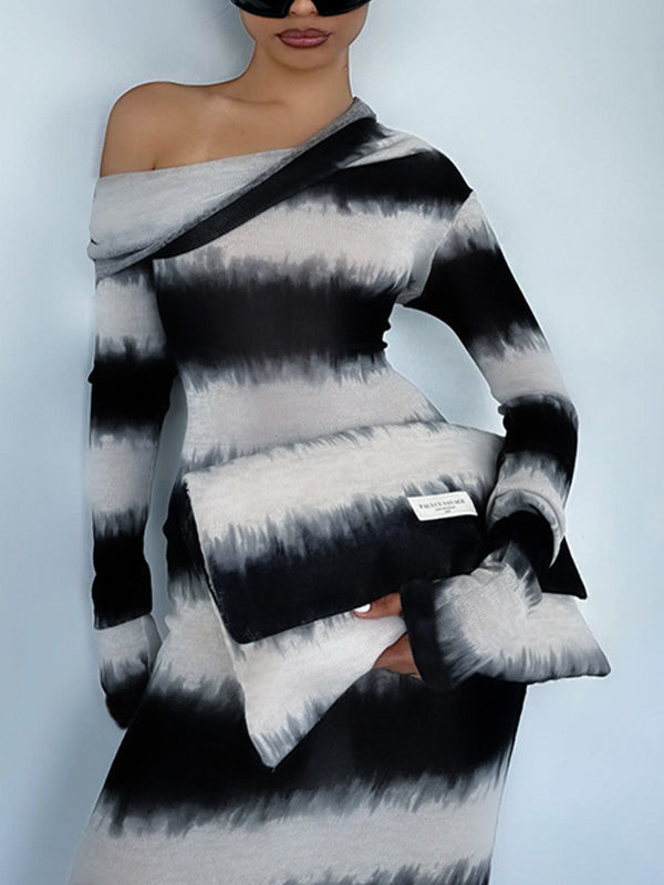 Sfumato Black White Stripes Asymmetrical Maxi Dresses