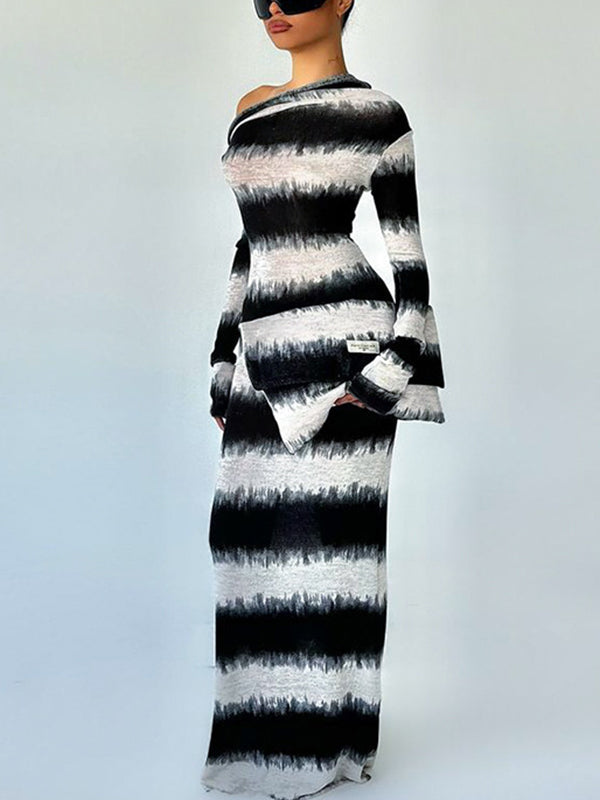 Sfumato Black White Stripes Asymmetrical Maxi Dresses