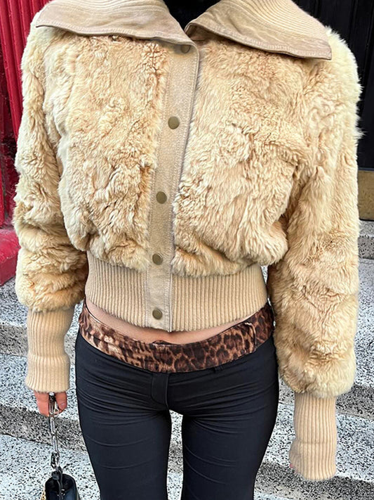 Solid Color Lapel Plush Waist Jackets