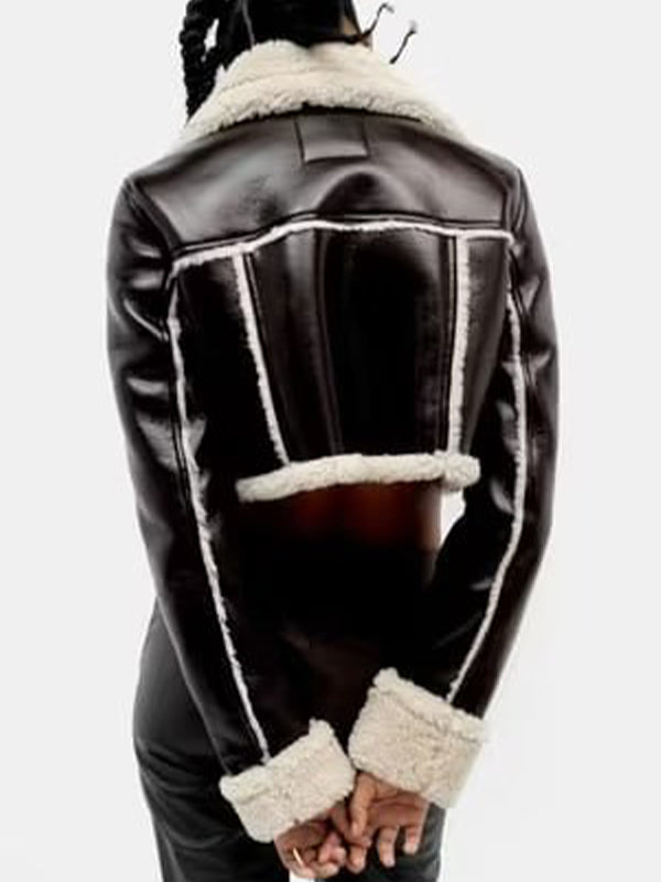 Teddy-lined Leather Lapel Neck Short Jacket