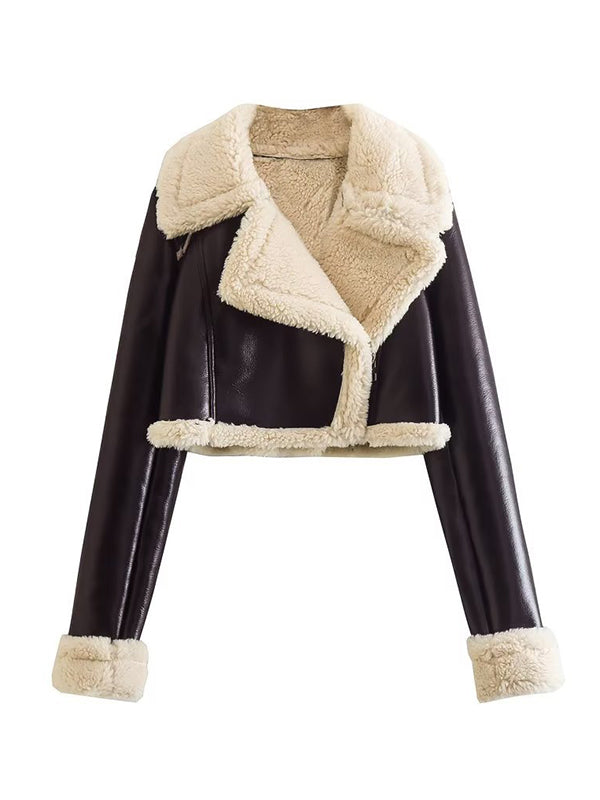 Teddy-lined Leather Lapel Neck Short Jacket