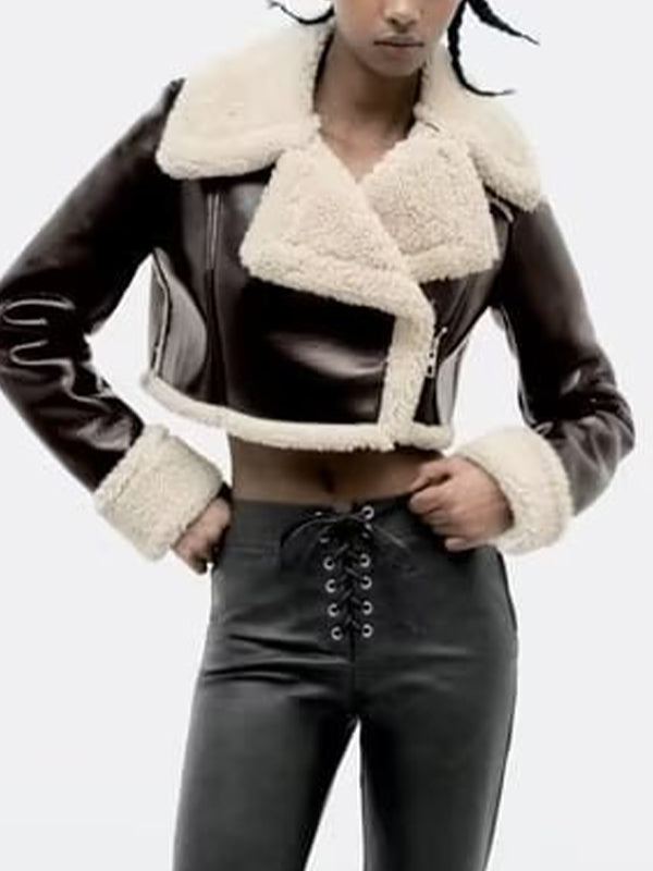 Teddy-lined Leather Lapel Neck Short Jacket