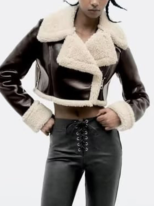 Teddy-lined Leather Lapel Neck Short Jacket