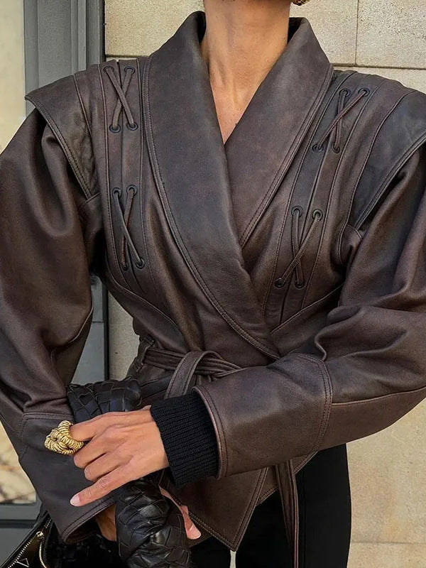 Lapel Lace Up Leather Long Sleeve Jacket