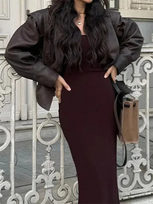 Lapel Lace Up Leather Long Sleeve Jacket