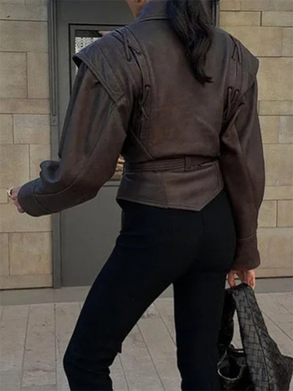 Lapel Lace Up Leather Long Sleeve Jacket