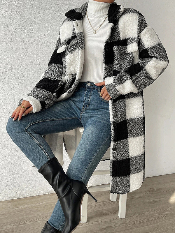 Plaid Tartan Lapel Neck Midi Jacket