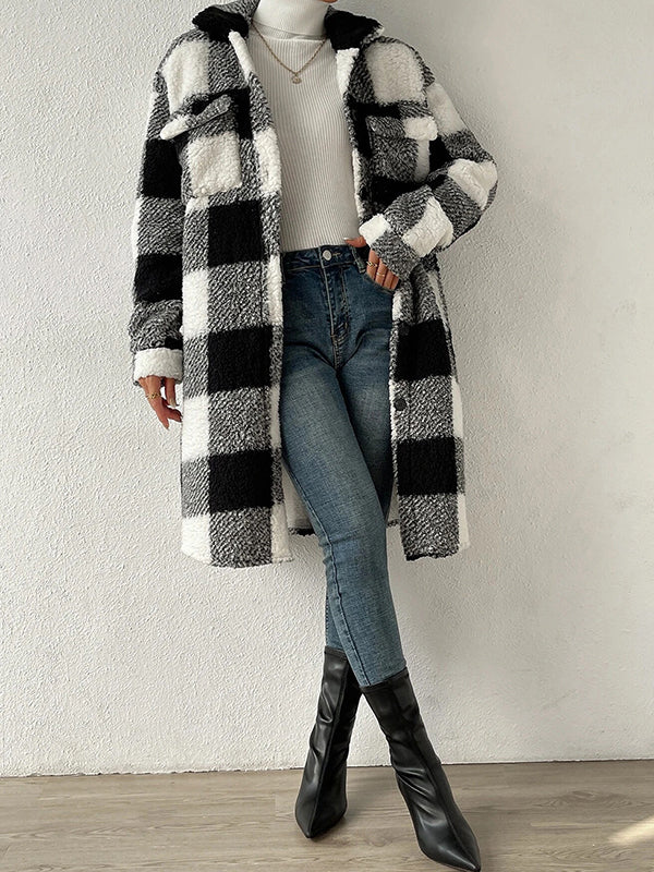 Plaid Tartan Lapel Neck Midi Jacket