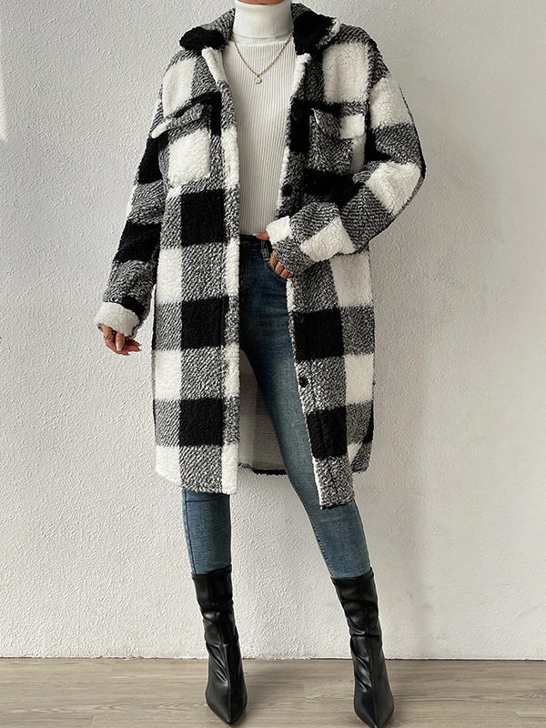 Plaid Tartan Lapel Neck Midi Jacket