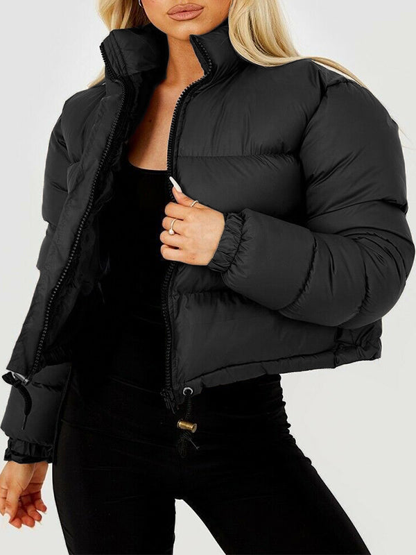 Solid Drawstring Hem Short Puffer Jacket