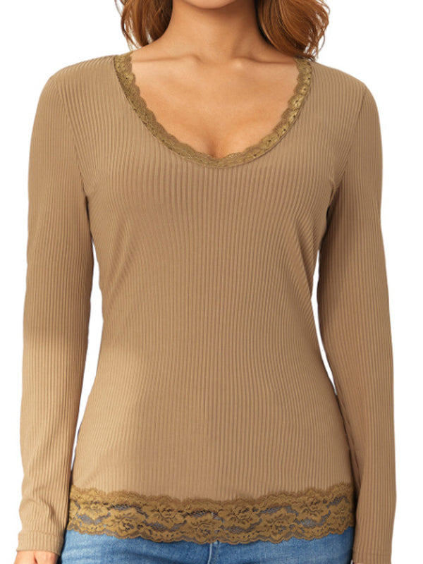 Solid Color Rib Lace Trim Slim Long Sleeve Knit Shirts