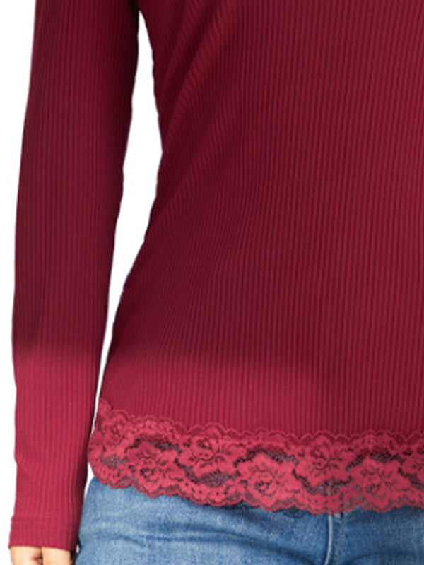 Solid Color Rib Lace Trim Slim Long Sleeve Knit Shirts