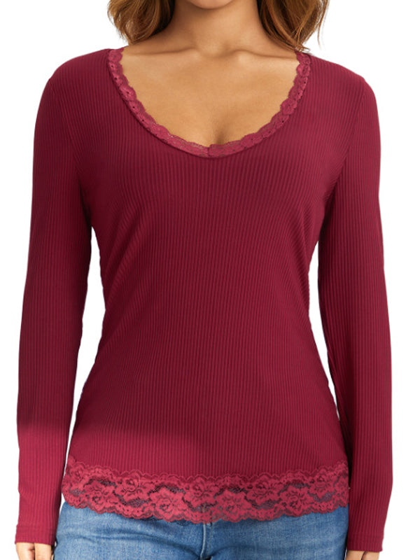 Solid Color Rib Lace Trim Slim Long Sleeve Knit Shirts