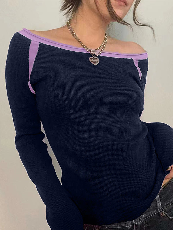 Contrast Color Off Shoulder Long Sleeve Shirts