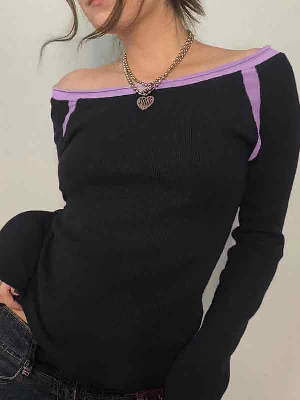 Contrast Color Off Shoulder Long Sleeve Shirts
