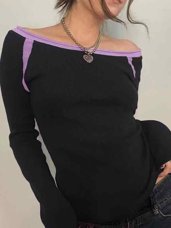 Contrast Color Off Shoulder Long Sleeve Shirts