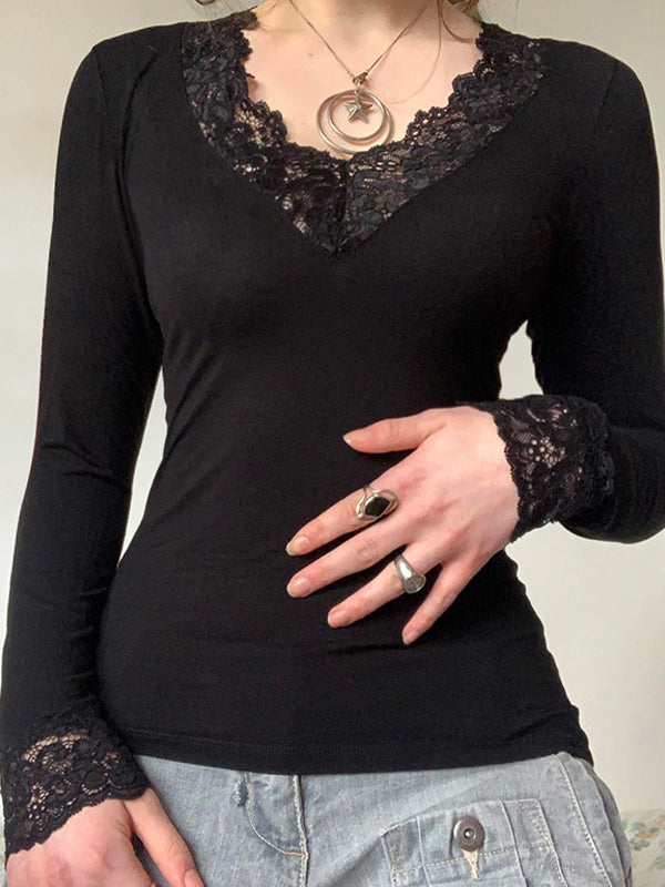 V Lace Stitching Long Sleeve Shirts