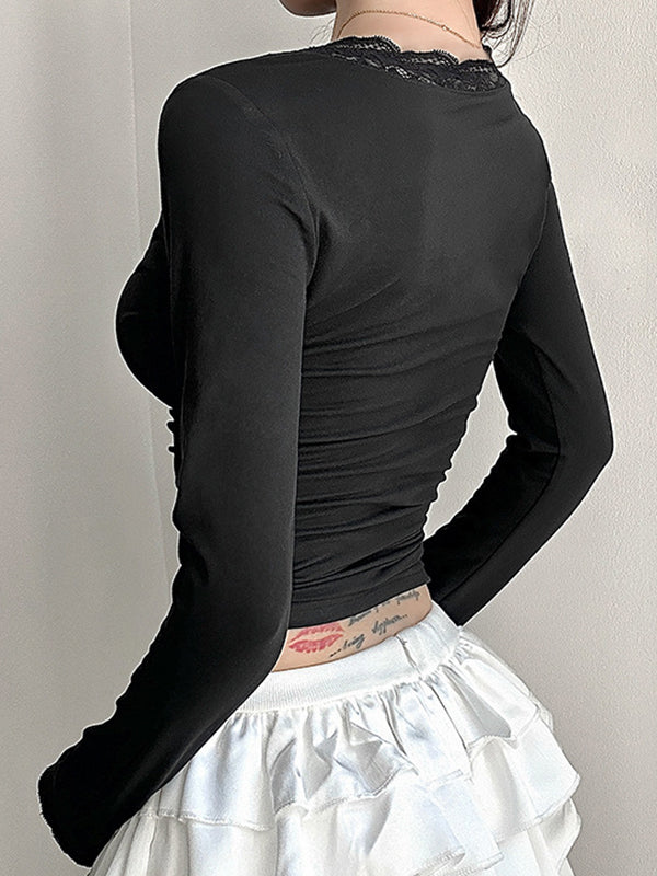V Lace Stitching Long Sleeve Shirts