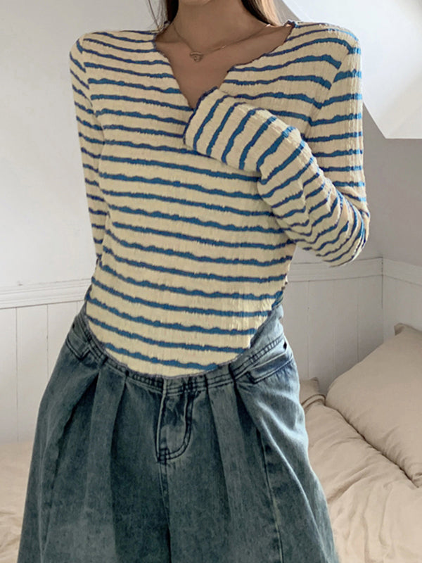 Textured Stripe V Neck Irregular Hem Long Sleeve Shirts