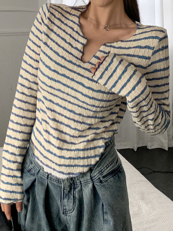 Textured Stripe V Neck Irregular Hem Long Sleeve Shirts