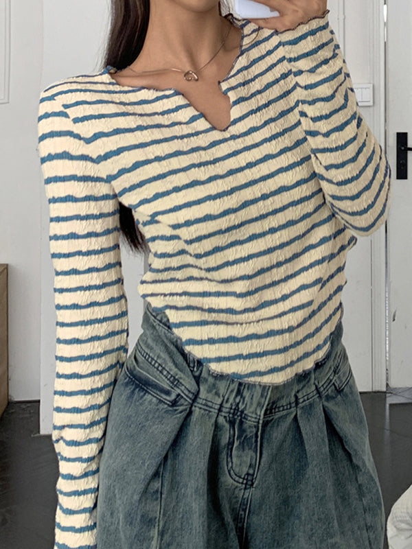 Textured Stripe V Neck Irregular Hem Long Sleeve Shirts