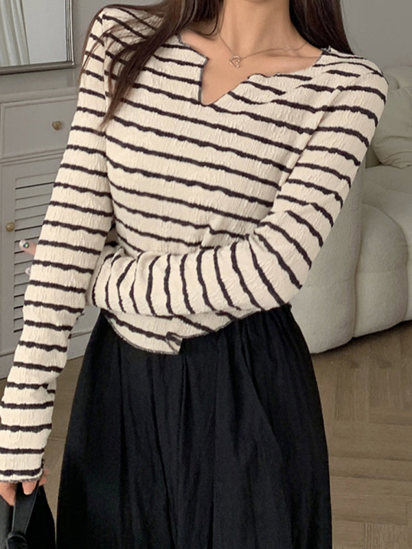 Textured Stripe V Neck Irregular Hem Long Sleeve Shirts