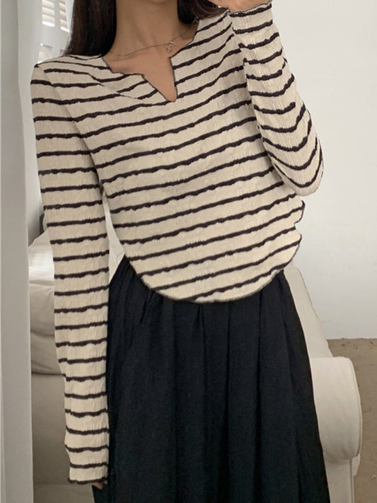 Textured Stripe V Neck Irregular Hem Long Sleeve Shirts