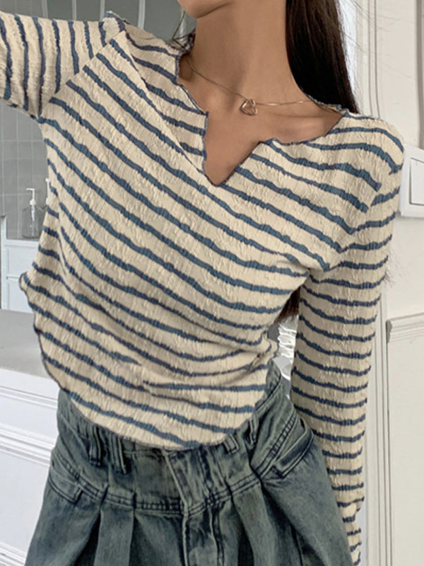 Textured Stripe V Neck Irregular Hem Long Sleeve Shirts