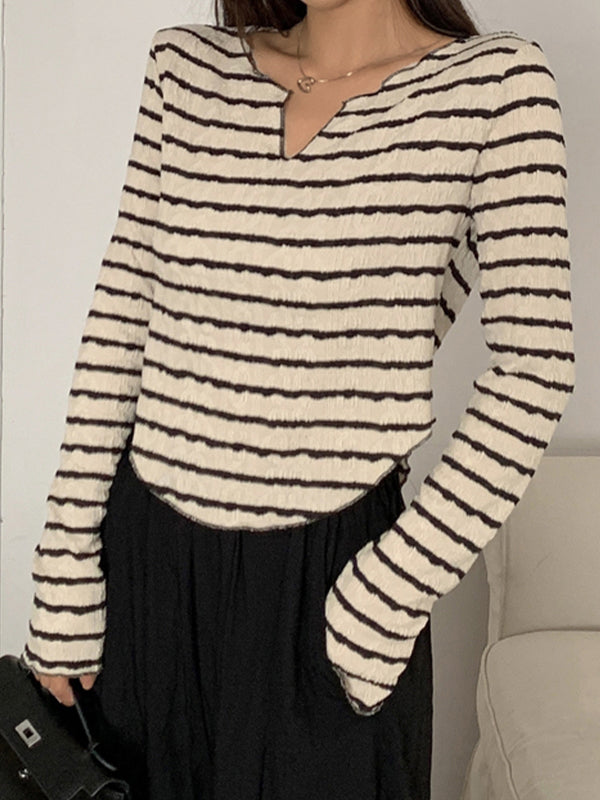 Textured Stripe V Neck Irregular Hem Long Sleeve Shirts
