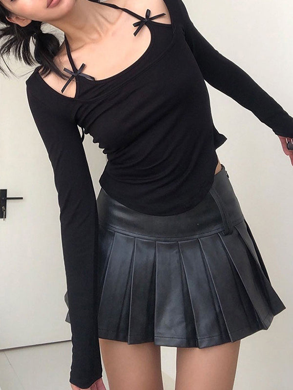 Solid Halter Bow Decor Long Sleeve Shirts
