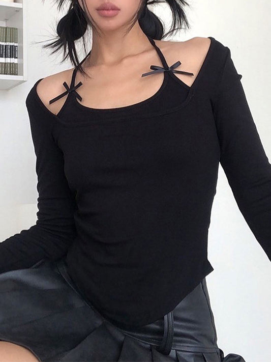 Solid Halter Bow Decor Long Sleeve Shirts
