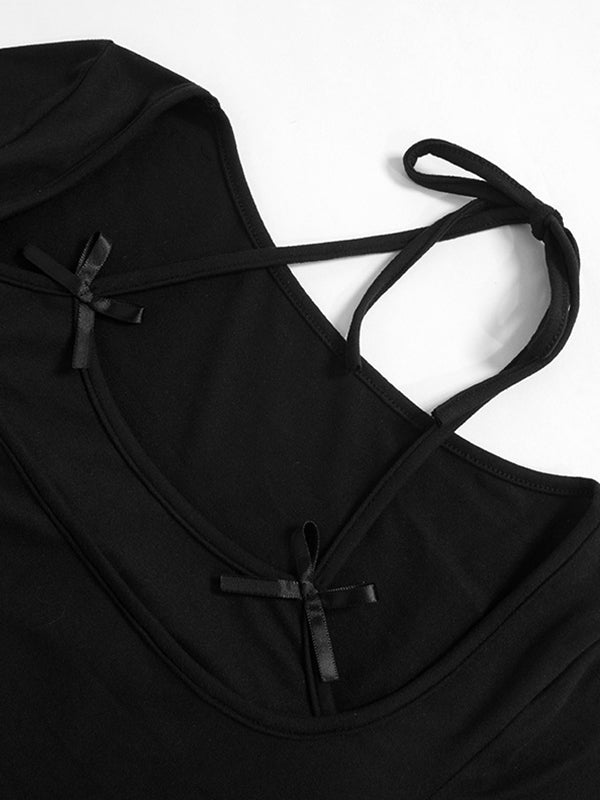 Solid Halter Bow Decor Long Sleeve Shirts