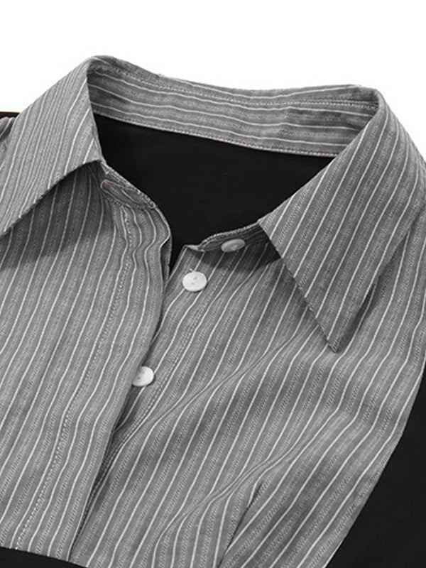 Stripe Splice Polo Neck Long Sleeve Shirts