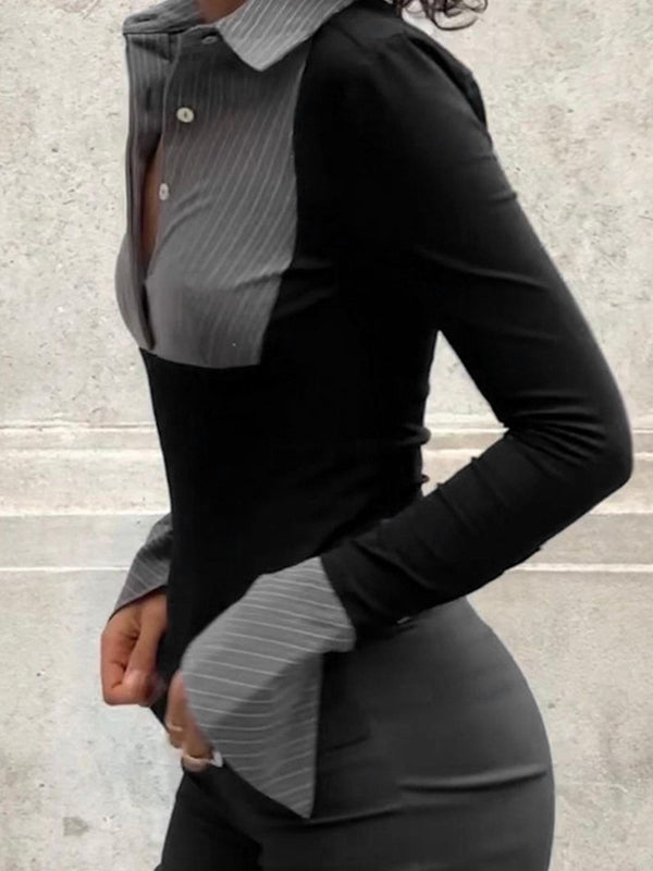 Stripe Splice Polo Neck Long Sleeve Shirts