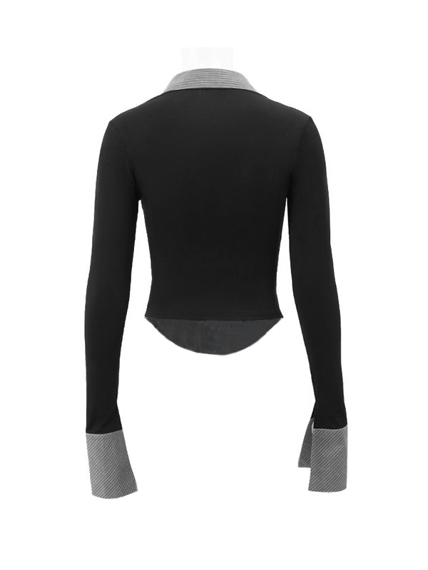 Stripe Splice Polo Neck Long Sleeve Shirts
