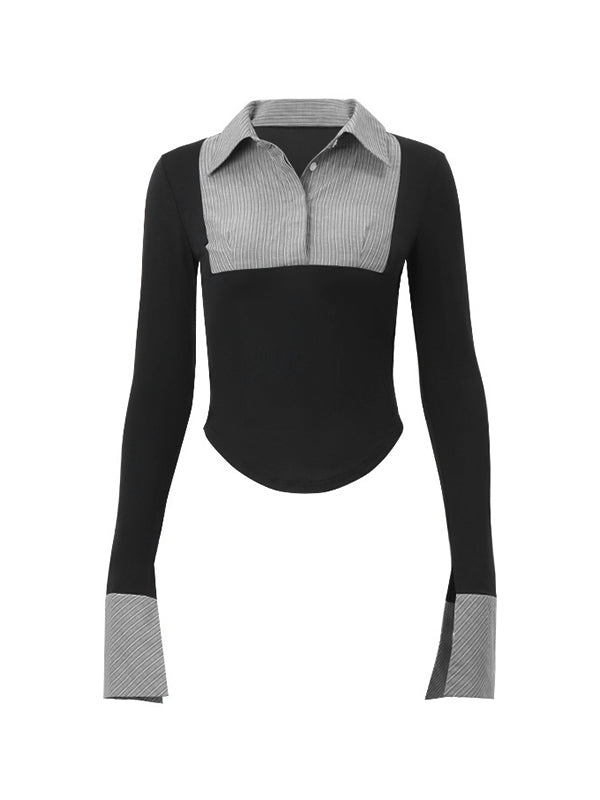 Stripe Splice Polo Neck Long Sleeve Shirts