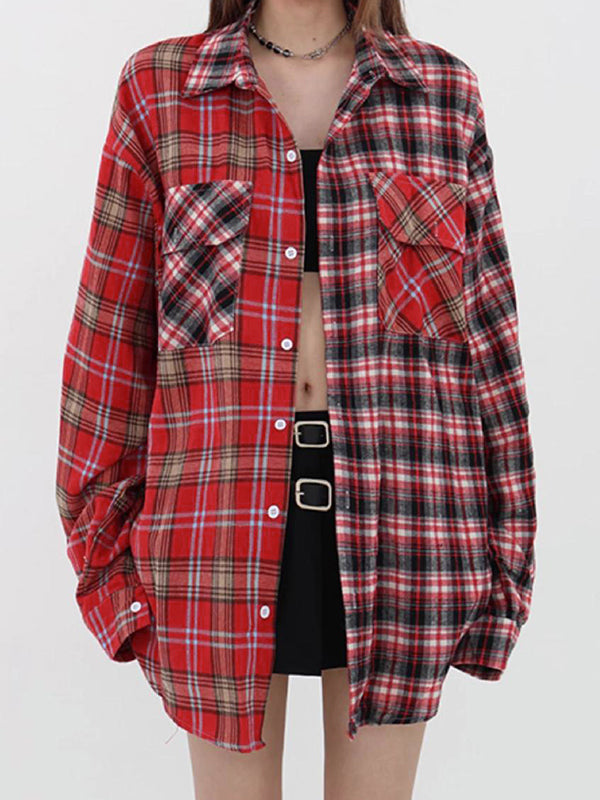Vintage Plaid Splice Long Sleeve Shirts