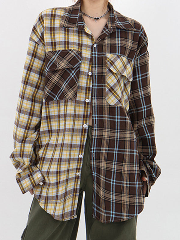 Vintage Plaid Splice Long Sleeve Shirts