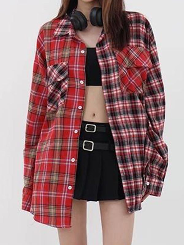 Vintage Plaid Splice Long Sleeve Shirts