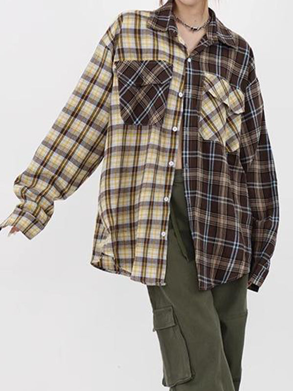Vintage Plaid Splice Long Sleeve Shirts