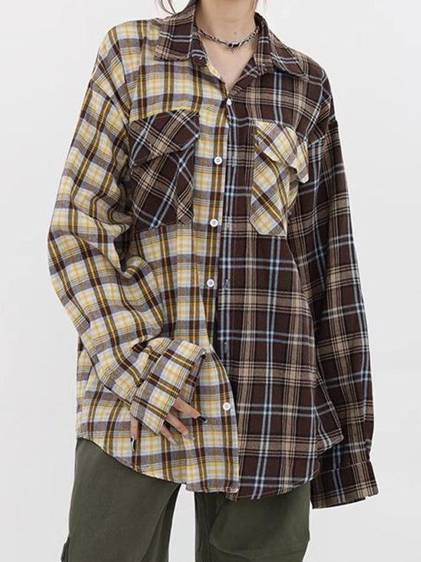 Vintage Plaid Splice Long Sleeve Shirts