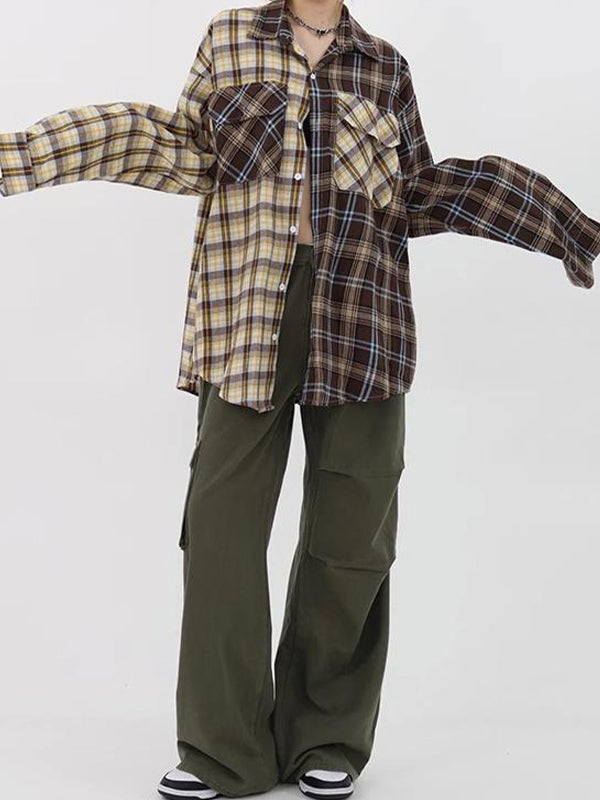 Vintage Plaid Splice Long Sleeve Shirts