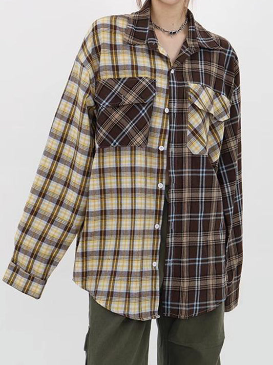 Vintage Plaid Splice Long Sleeve Shirts