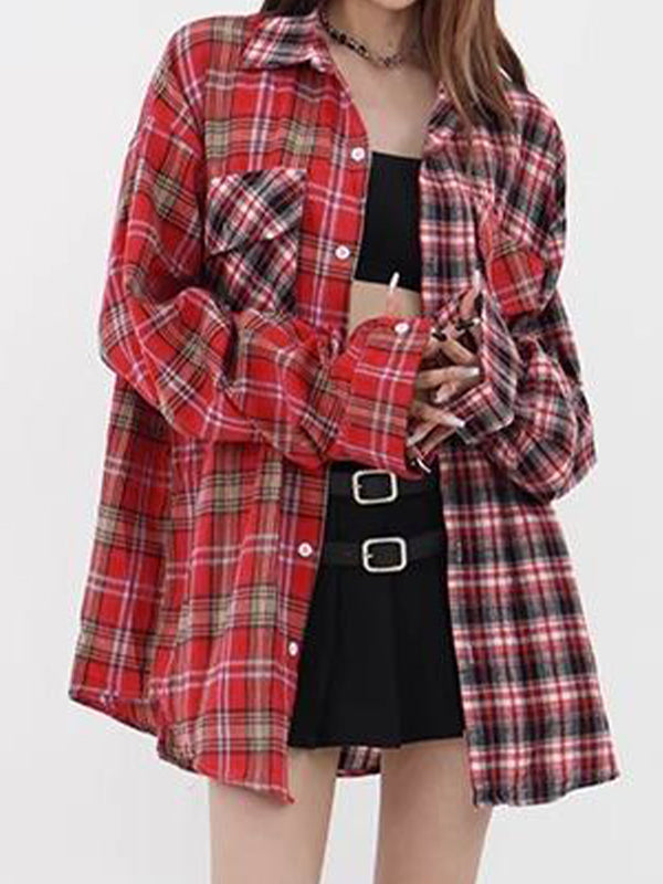 Vintage Plaid Splice Long Sleeve Shirts