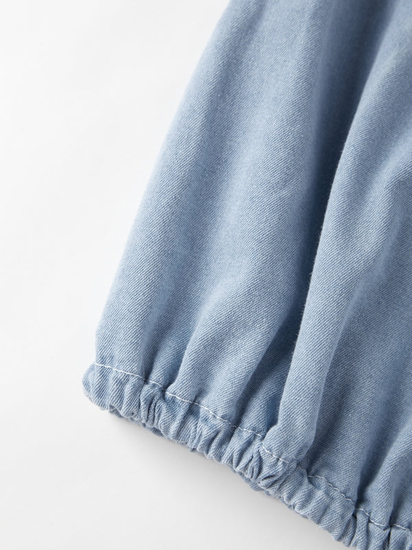 Vintage Dual Pocket Drawstring Denim Shirts